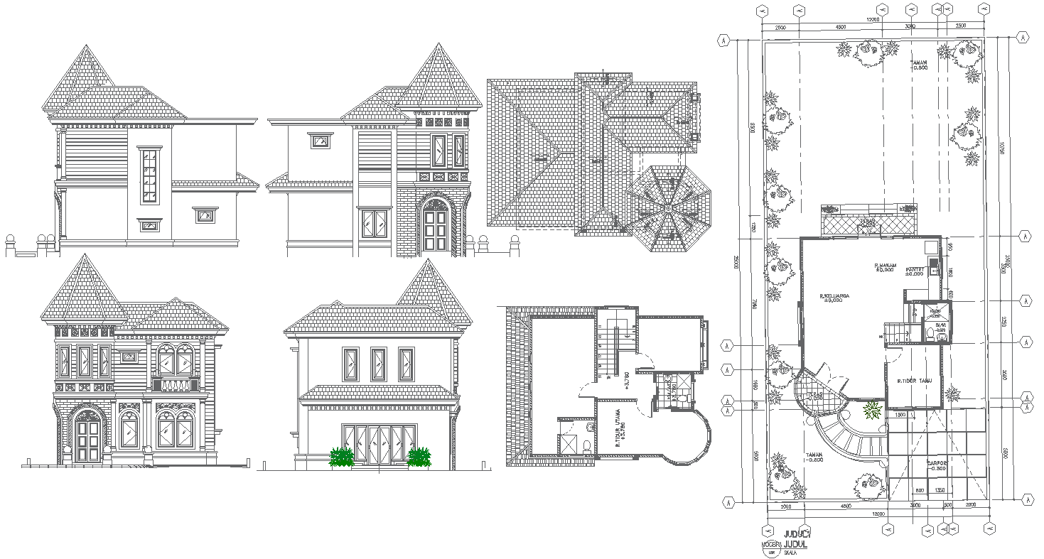 Residential Bungalow Plan with All Side View Design AutoCAD DWG 