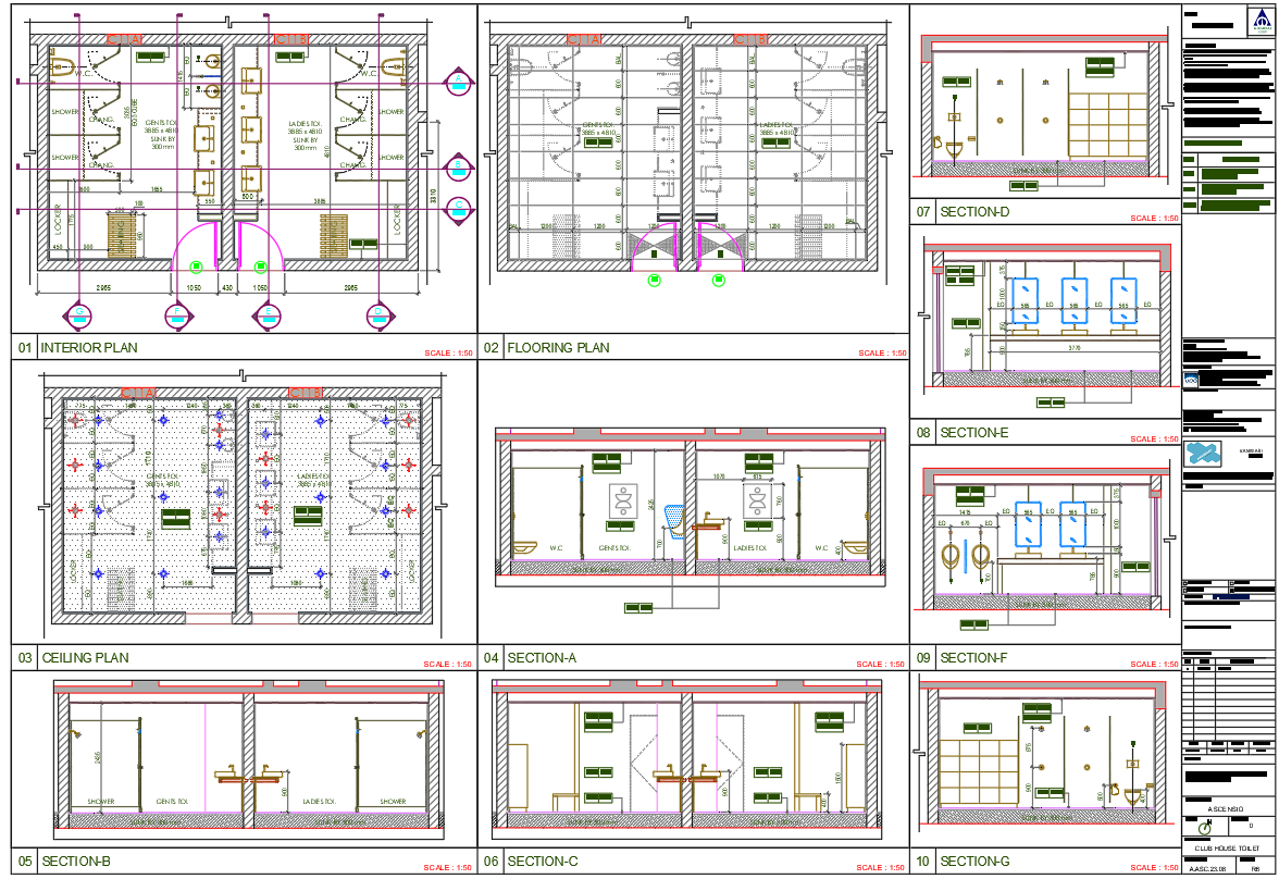 House bathroom and wash area section and floor layout