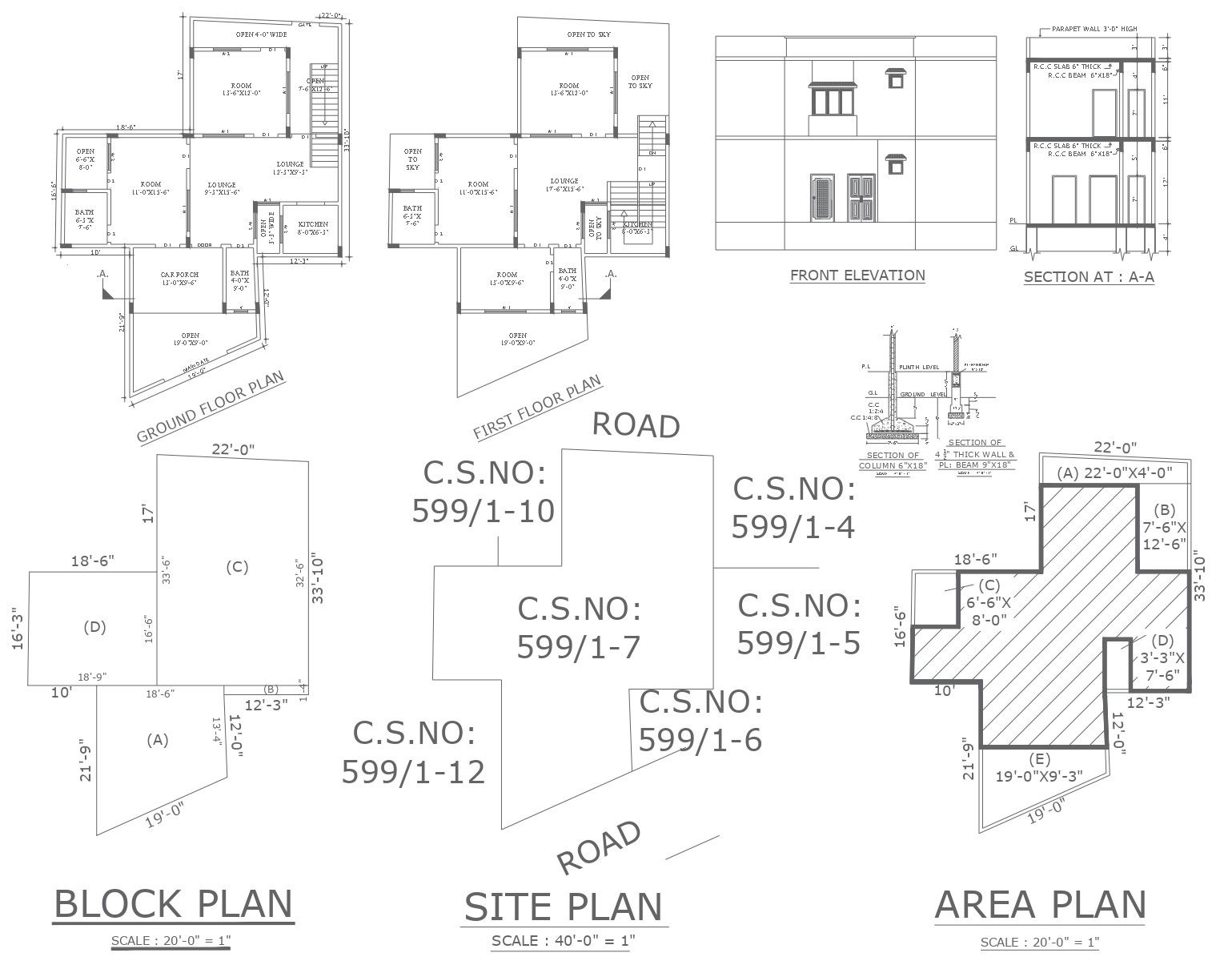 Residential House Block Plan with Site and Area Details in DWG File