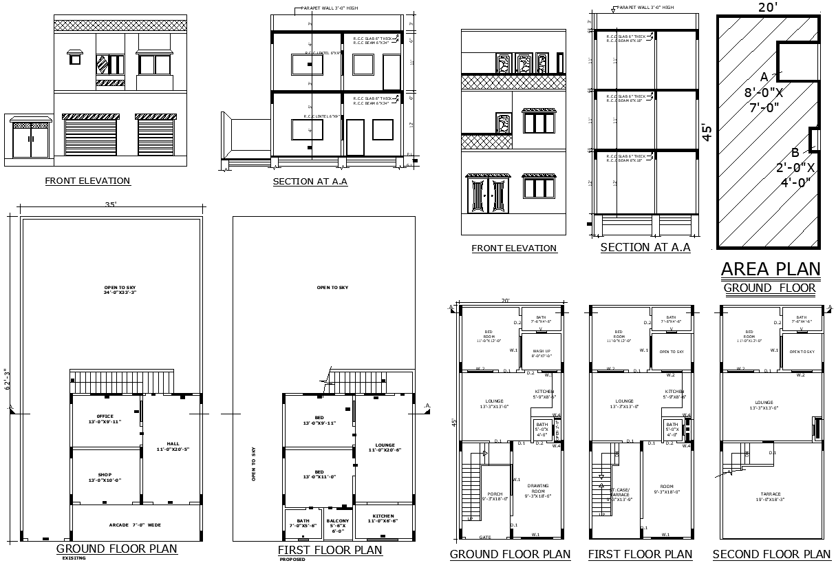 AutoCAD Residential Plan with Area and Two Floor Layout
