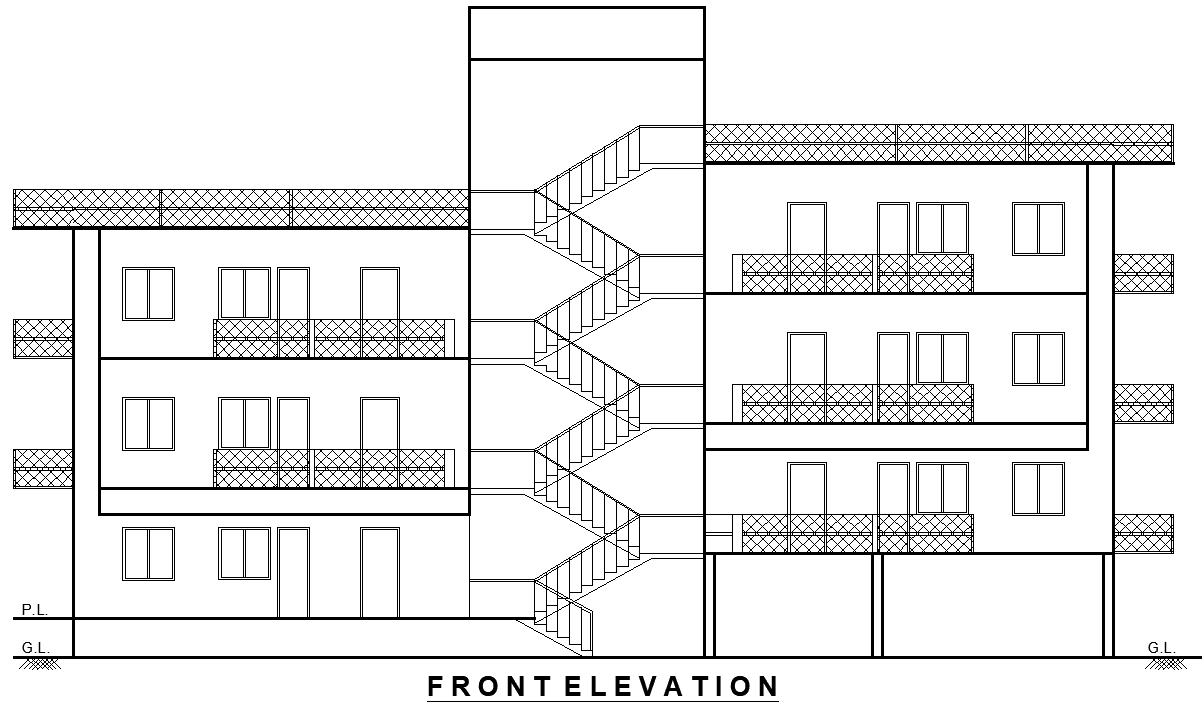 Residential Multi-Story Building Front Elevation Design – AutoCAD DWG File