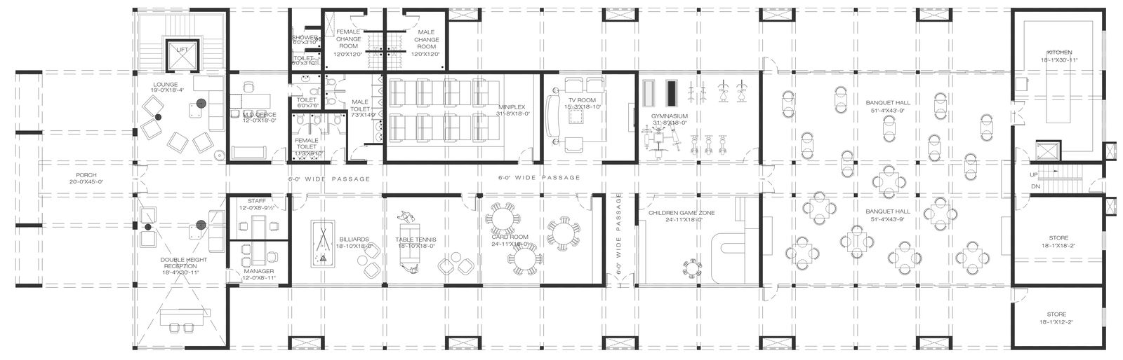 Residential building amenities design with gym banquet hall and other facilities dwg autocad drawing .