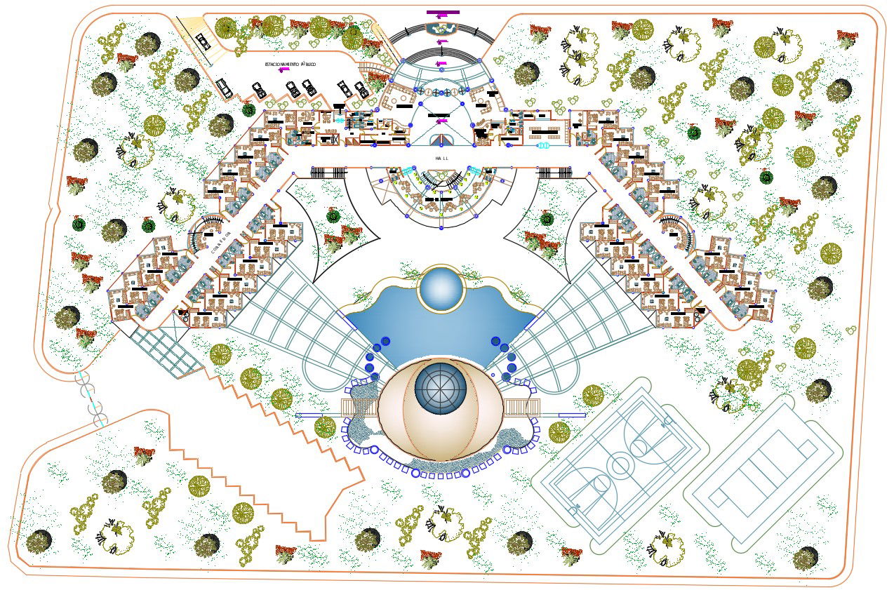 Resort Project Ground Floor Plan With Landscaping Design DWG File