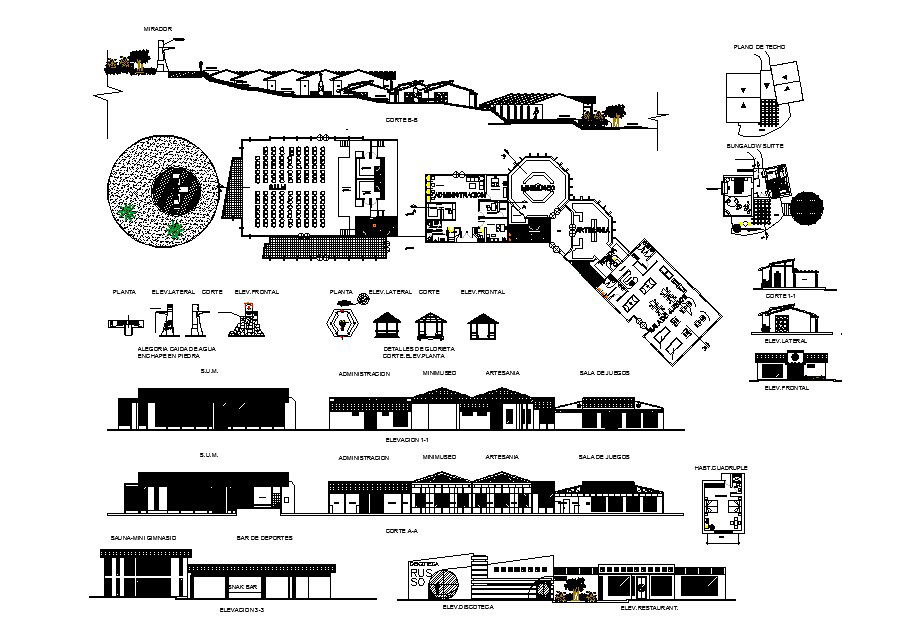 Resort elevation, section, floor plan, plan and auto-cad details dwg file
