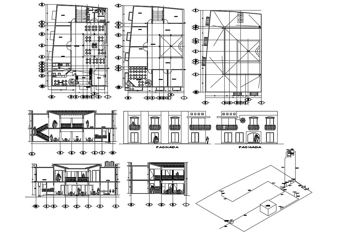 Restaurant All Floors And Elevations ,Sections Drawing CAD File
