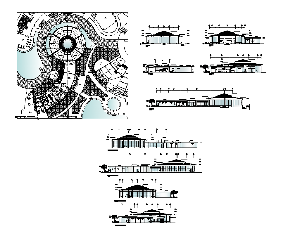 Restaurant building area detail plan and elevation layout file