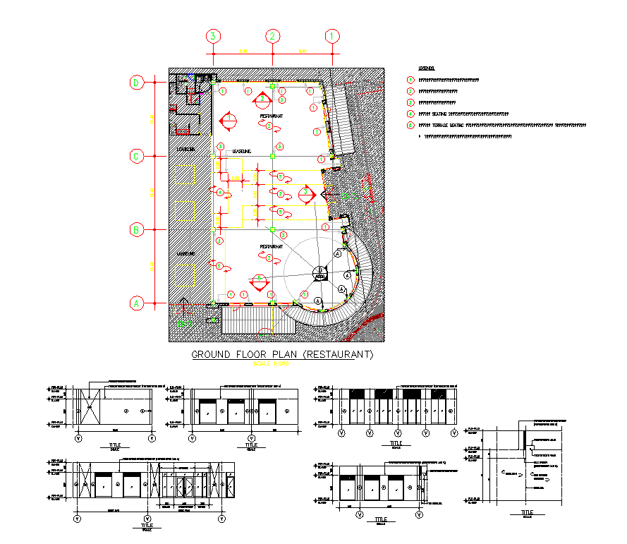 Restaurant building detail plan and elevation 2d view autocad file
