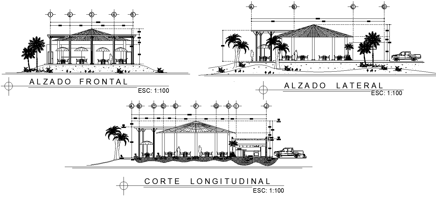 Restaurant building elevation and section detail layout dwg file