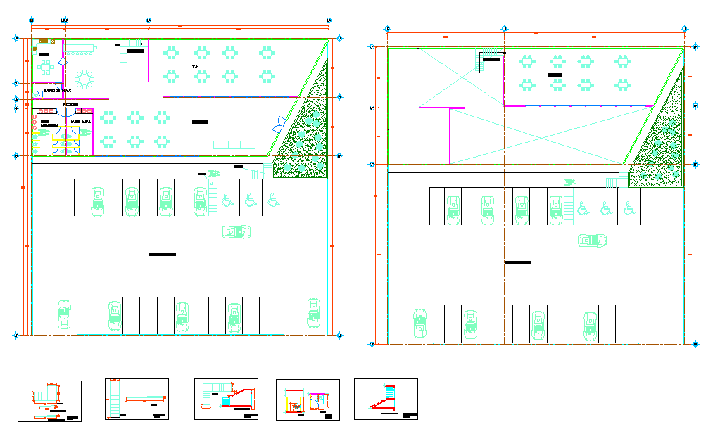 Restaurant Layout Plan with Reception, Parking, and Staircase Views