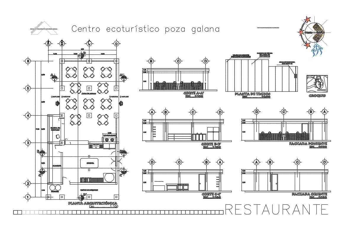 Restaurant elevation, section and plan cad drawing details dwg file