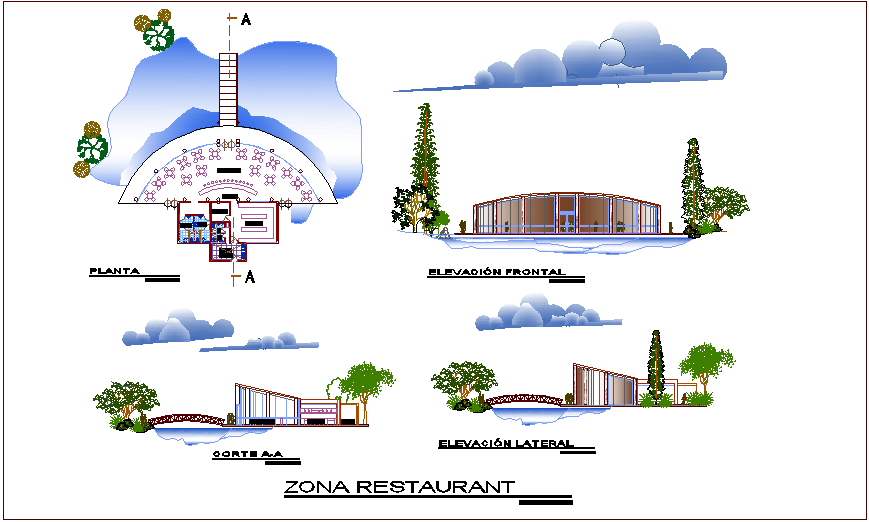 Restaurant plan,elevation and section view for youth development center dwg file