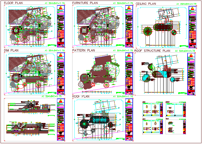Restaurant plan view with ceiling,pattern,furniture and roof structure plan dwg file
