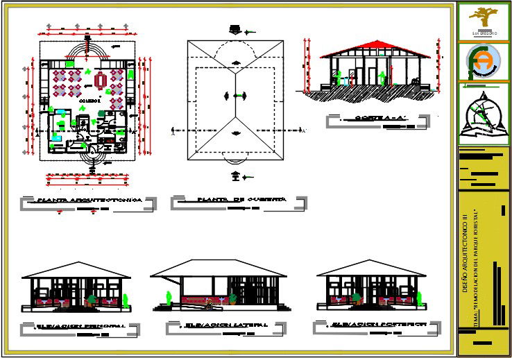 Restaurant plan with section and elevation.