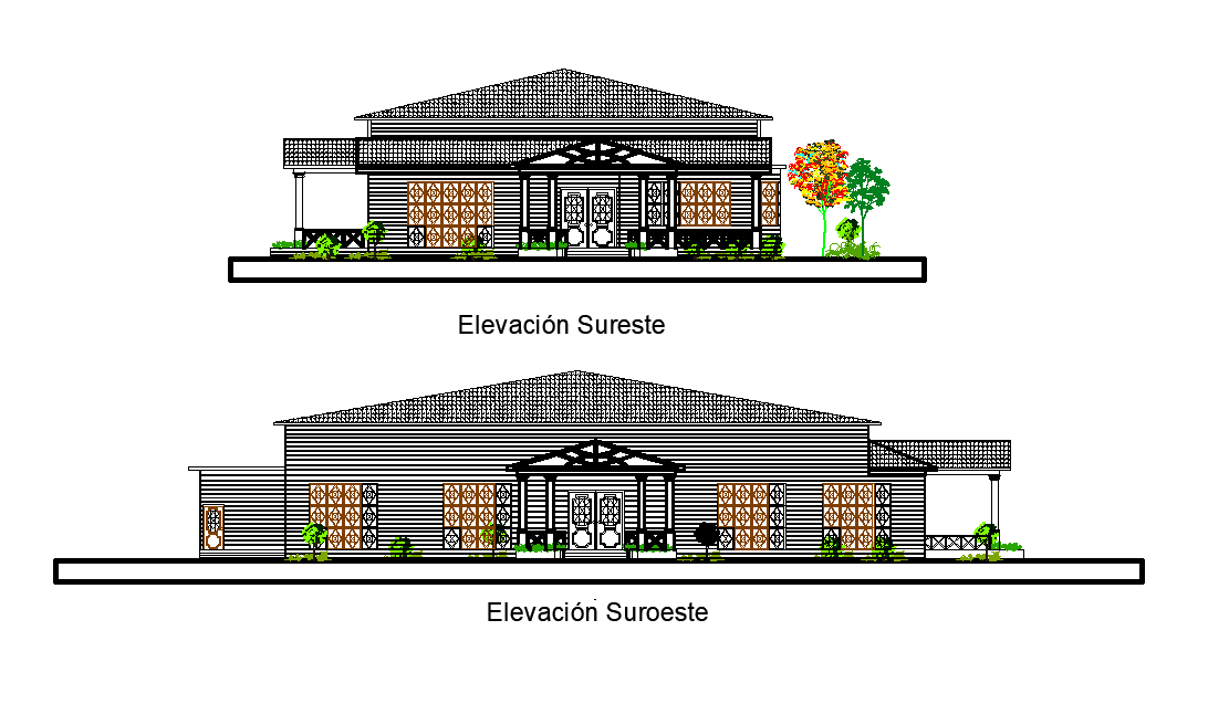 Restaurant Building Front And Side Elevation Design DWG File