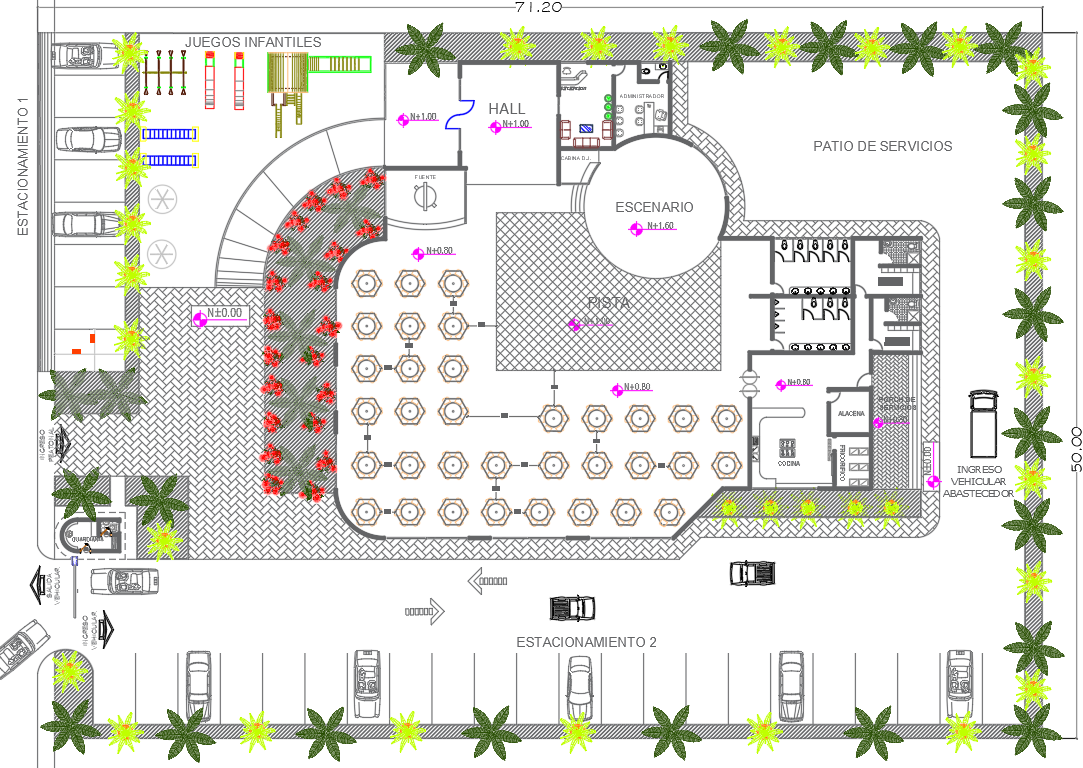 Restaurant Floor Plan Layout with Sitting Area And Car Parking Details DWGFile
