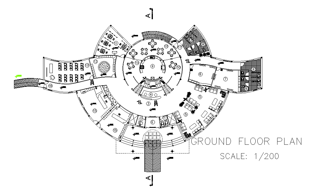 Restaurant Ground Floor Plan With Furniture Design Free Download DWG File