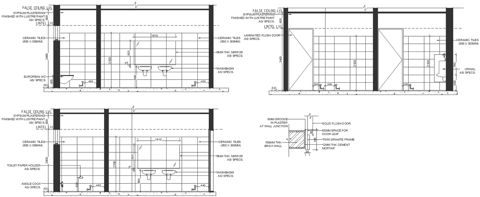 Restroom plan design with elevation and section details dwg autocad drawing .