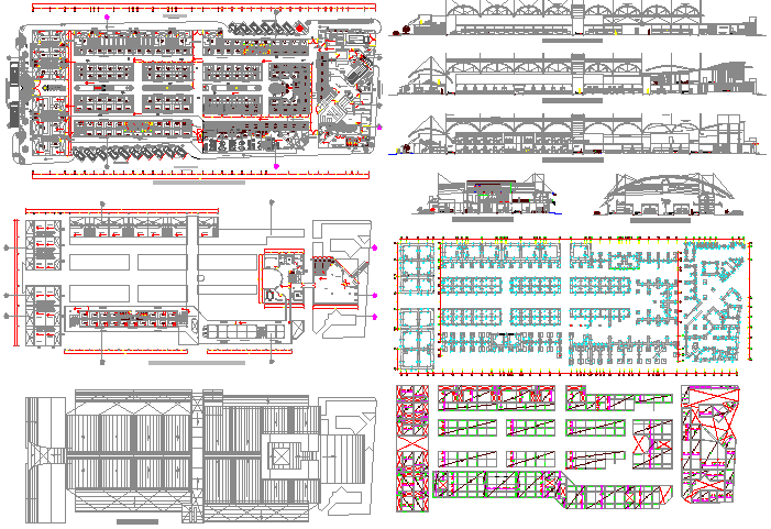 Retail market elevation, section and layout with floor plan details dwg file