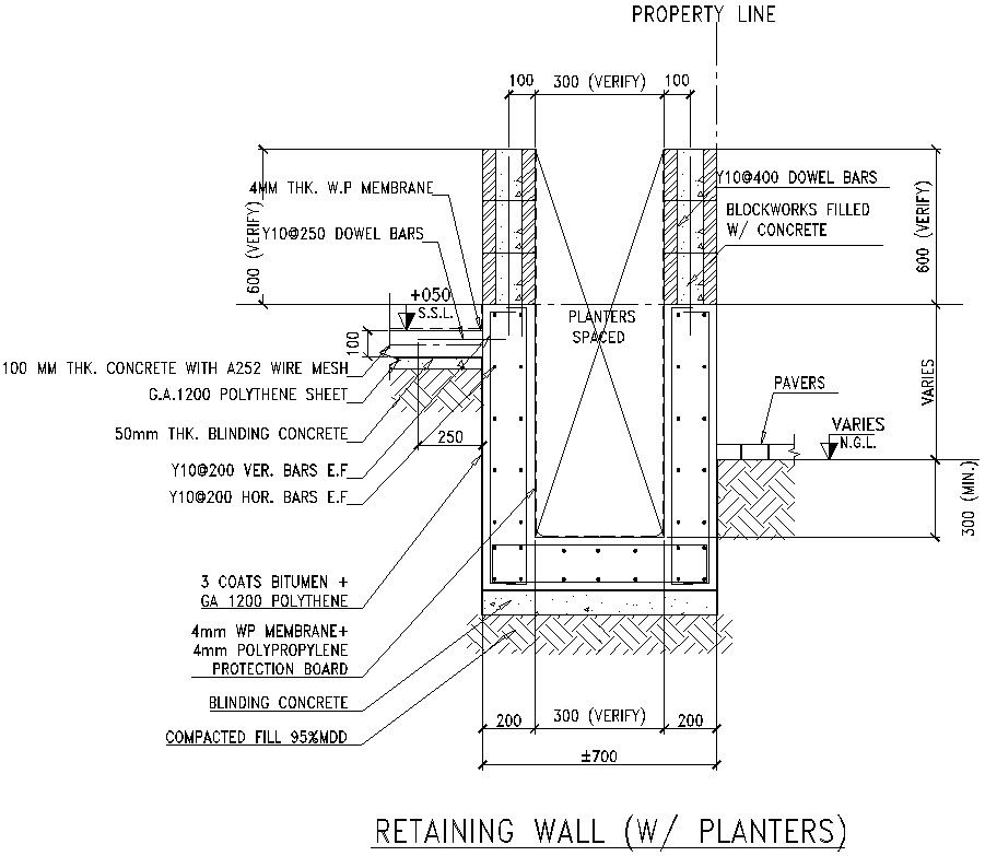 Retaining wall planters details in AutoCAD , dwg files.