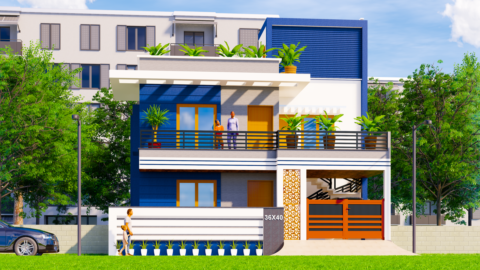 Revit design of house elevation is given in the 3D view. Download now.