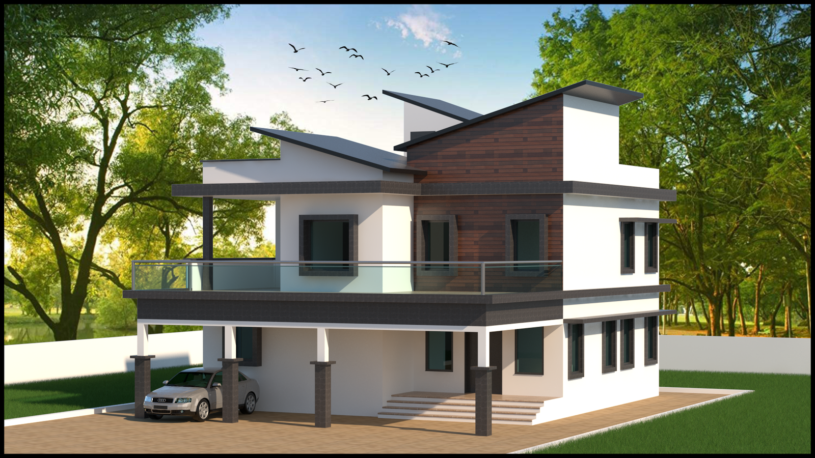 Revit file has the 3D view of front side villa house design. Download now.