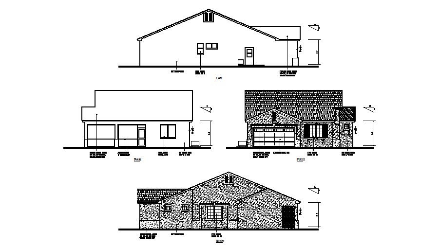 Right, left, front and rear elevation of single story house autocad drawing
