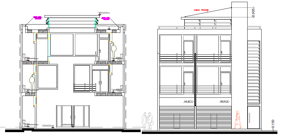 Right and left side sectional view of office building dwg file