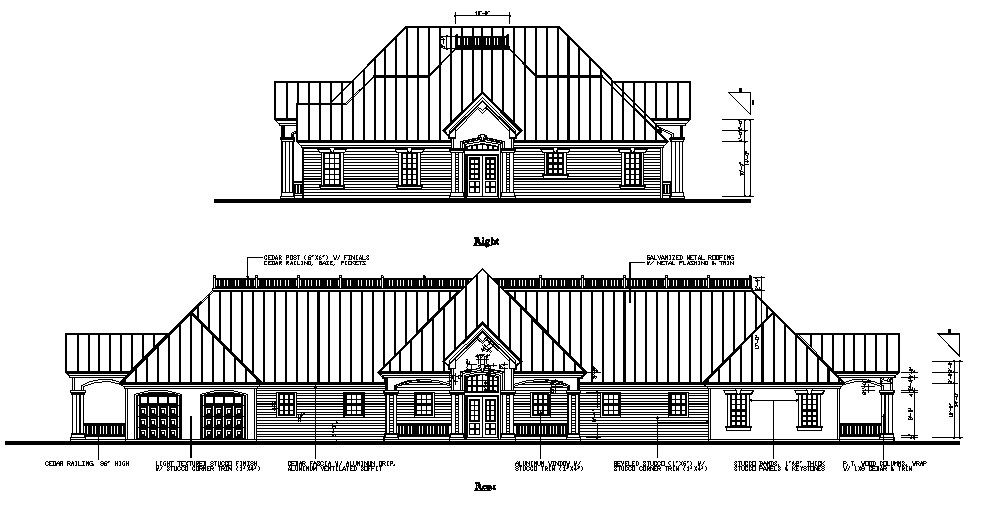 Right and rear side elevation of one story house dwg file