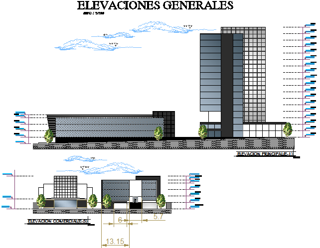 Right elevation and back elevation shopping office complex detail dwg file