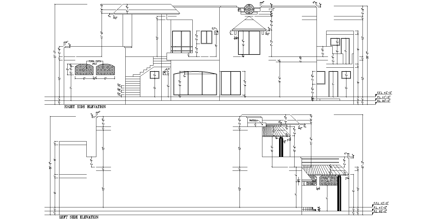 Right, and Left side Elevation design of the G+1 house are available in this drawing file.Download it.