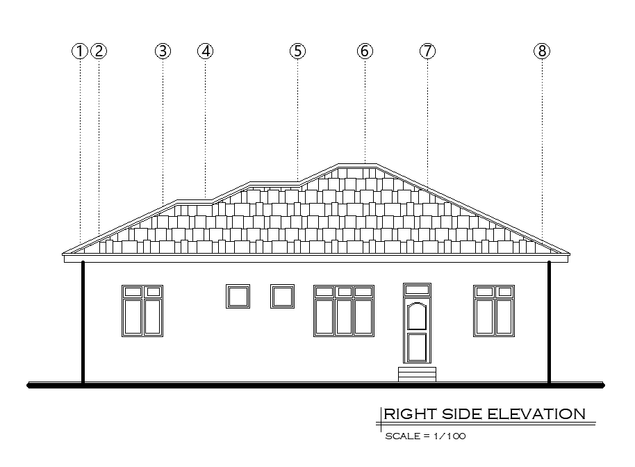 Right side elevation of 11x15m house plan is given in this Autocad drawing file. Download Autocad file now.