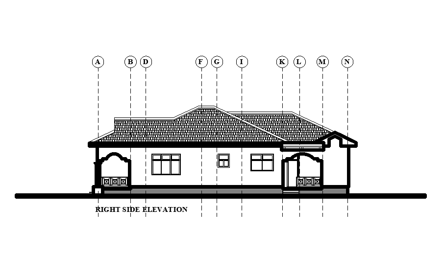 Right side elevation of 11x20m residential house plan is given in this Autocad drawing file. Download now.