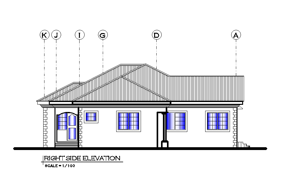 Right side elevation of 15x17m house plan is given in this Autocad drawing file.Download now.