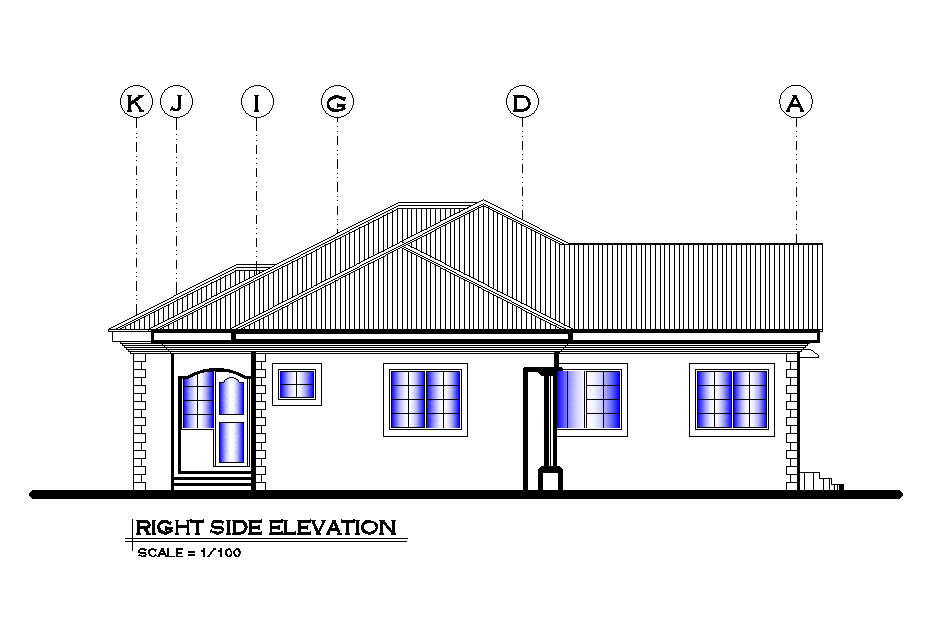 Right side elevation of 15x17m house plan is given in this Autocad drawing file. Download now.