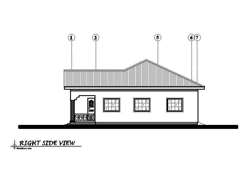 Right side elevation of 17x14m ground floor house plan is given in this Autocad drawing file. Download now.