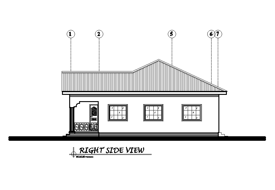 Right side elevation of 17x14m residential plan is given in this Autocad drawing file. Download now.