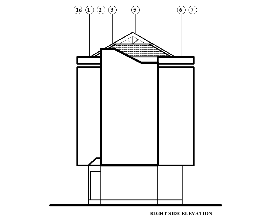 Right side elevation of 18x4m ground floor restaurant plan is given in this Autocad drawing file.Download now.