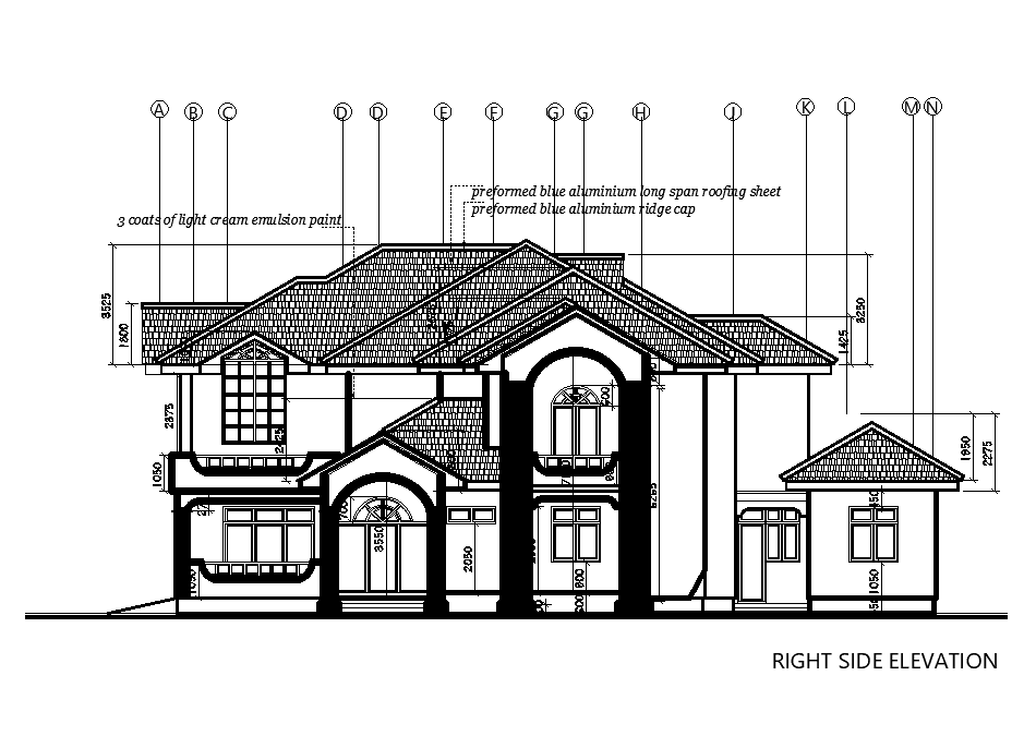 Right side elevation of 21x16m house plan is given in this Autocad drawing file. Download now.
