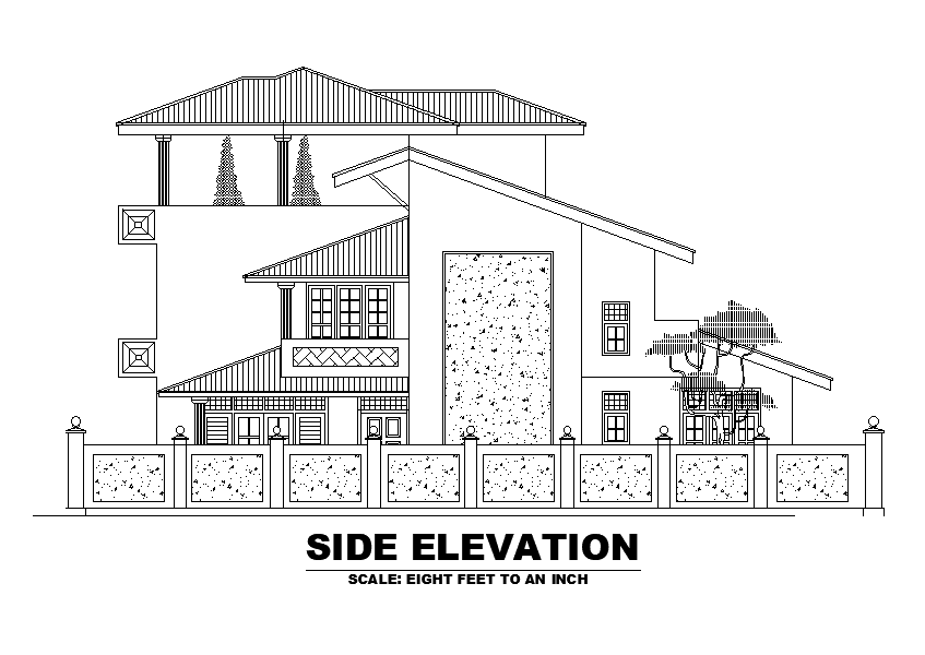 Right side elevation of 28’x47’ house plan is given in this Autocad drawing file. Download now.