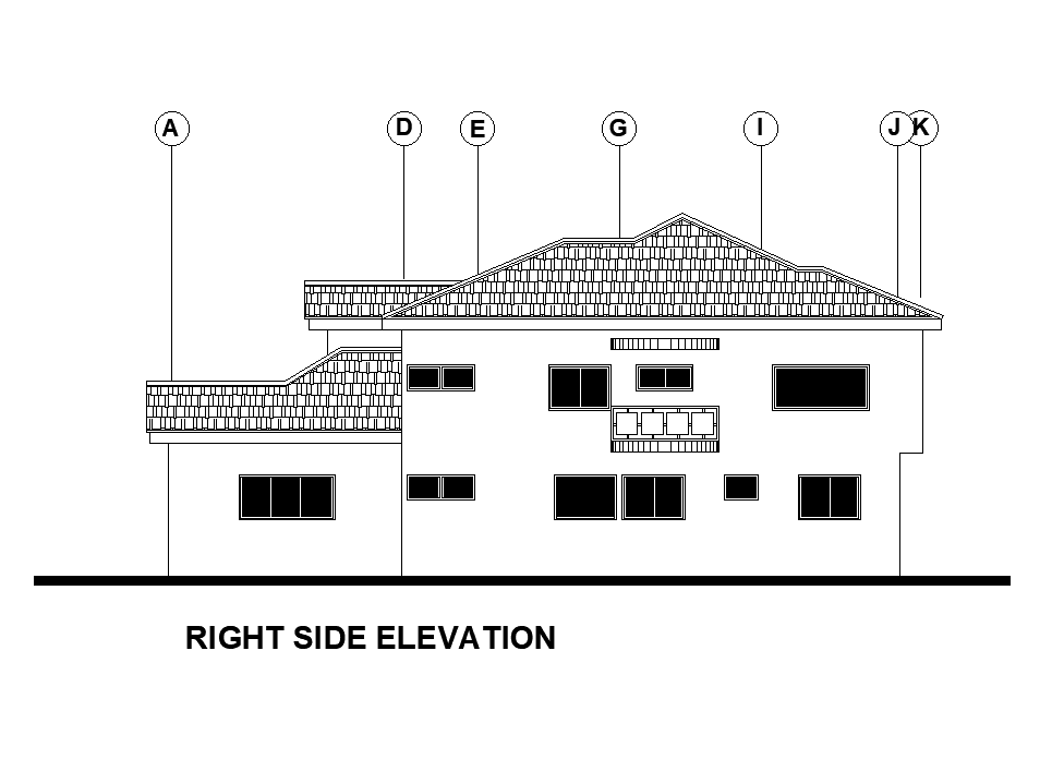 Right side elevation of 54’x54’ floor house plan is given in this Autocad drawing file. Download now.