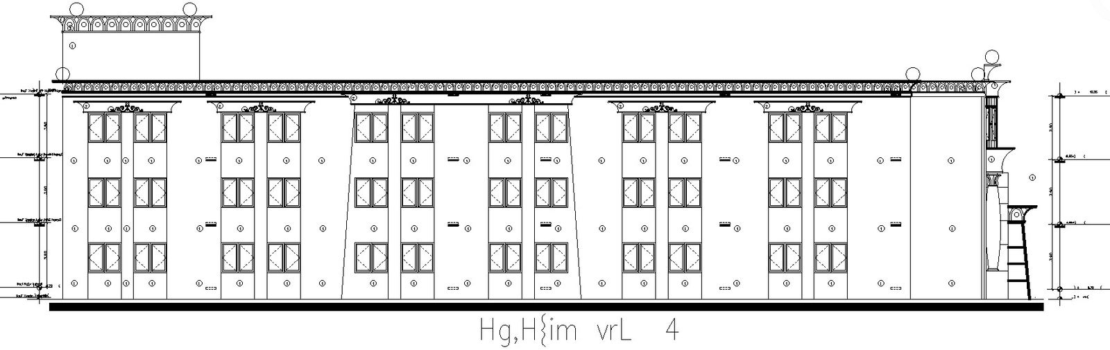 Right side elevation of a collage in AutoCAD drawing.