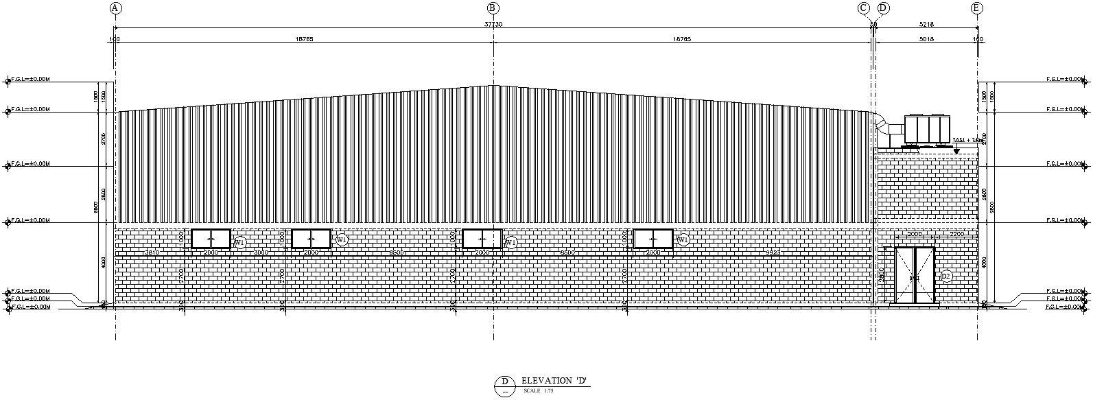 Right side elevation of a factory.
