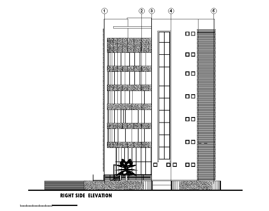 Right side elevation of the apartment building is presented in this Autocad drawing file. Download now.