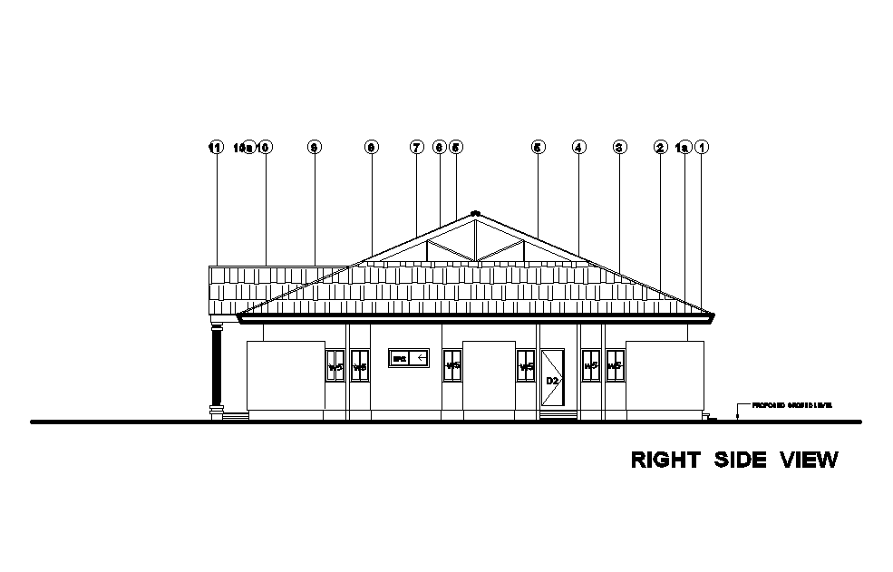 Right side elevation view of 21x18 ground floor house plan is given in this Autocad DWG drawing file. Download now.