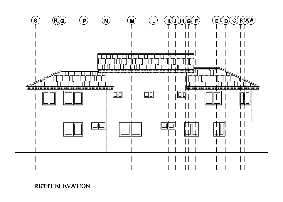 Right side elevation view of 26x23m house plan is given in this Autocad drawing file. Download now.