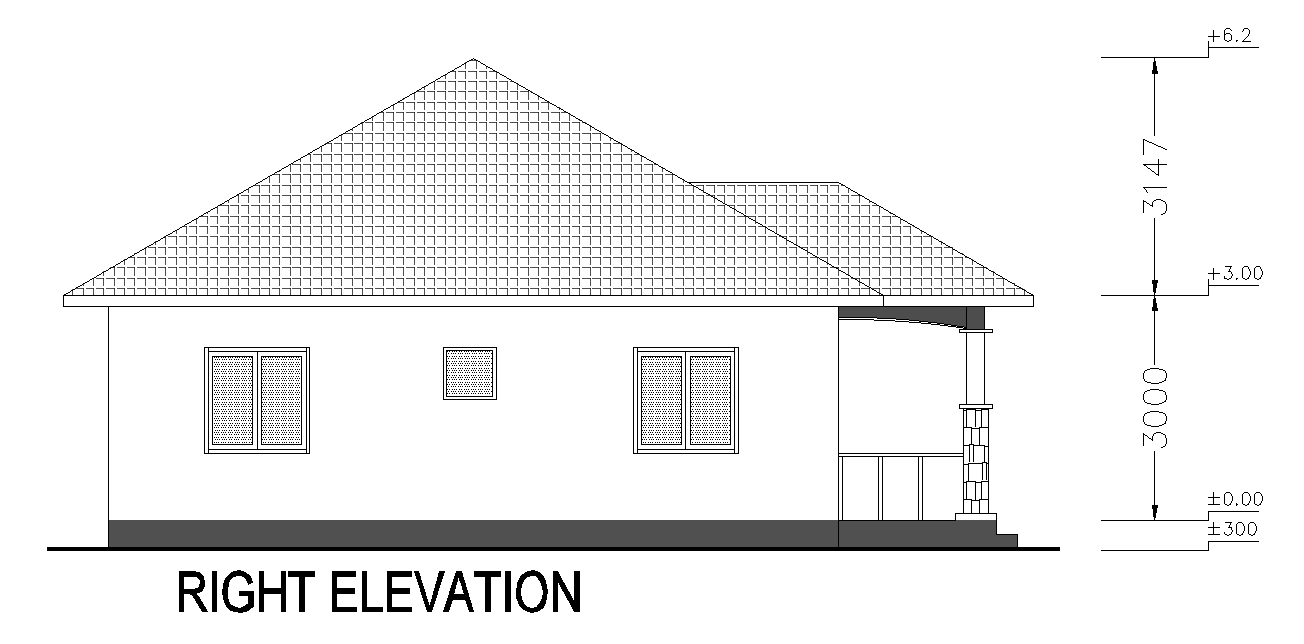 Right side elevation view of 46’x38’ residential house building is given in this AutoCAD drawing model. Download now.