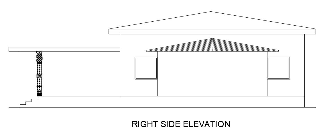 Right side elevation view of 50’x50’ restaurant building is given in this Autocad drawing file.Download now.