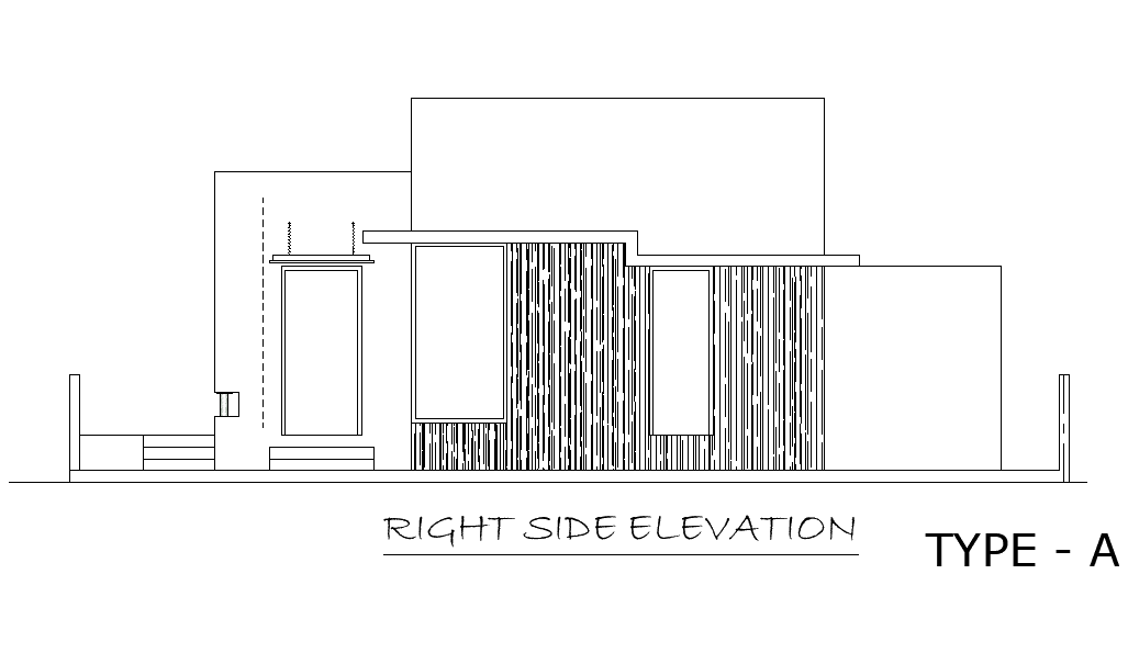 Right side elevation view of A type 41’x38’ house building is given in this AutoCAD drawing model. Download the Autocad model.