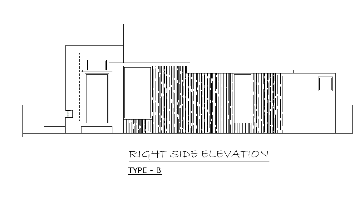 Right side elevation view of B type 41’x38’ house building is given in this AutoCAD drawing model. Download the Autocad model.
