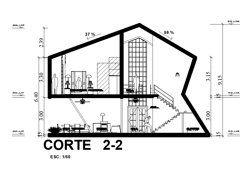 Right side section view of 13x7m house building is given in this AutoCAD DWG drawing file.Download now.